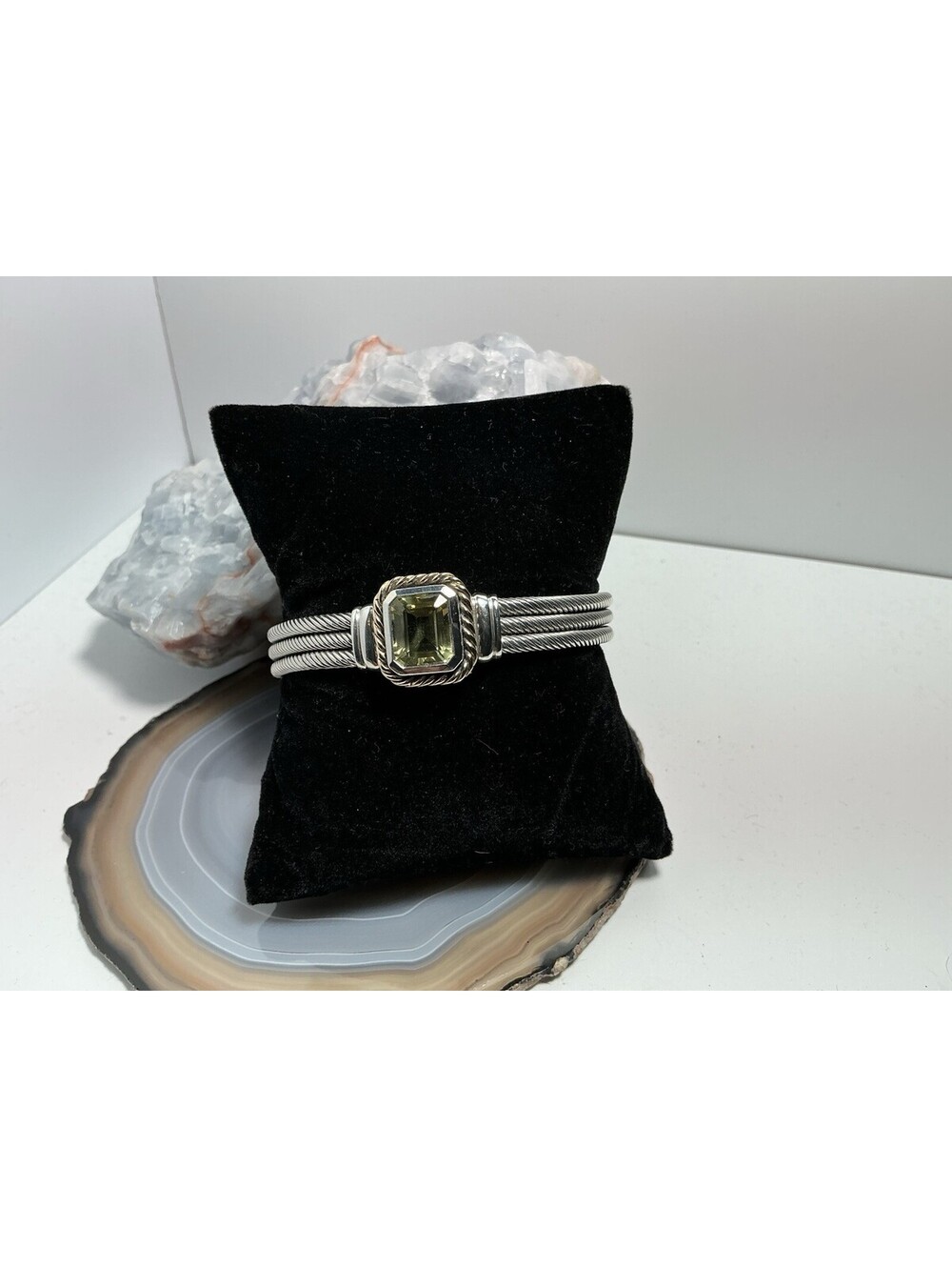BEAUTIFUL CNA BRAND 14K GOLD & .925 STERLING PERIDOT CABLE BANGLE CUFF BRACELET